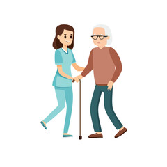 Nurse Assisting Elderly Man with Walking Cane.