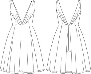 CAD drawing flat vector illustration of deep V-neck sleeveless flared dress front and back view, zipper, fitted waist design