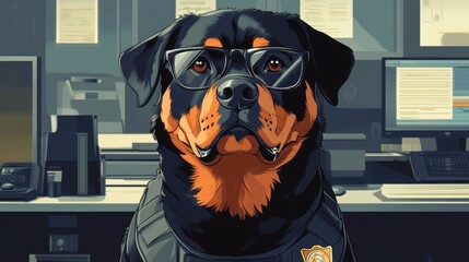 Rottweiler Police Dog in Office Setting, K9 Unit Canine Officer on Duty