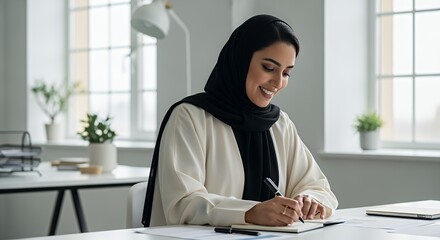 A Muslim woman in a hijab sits at a desk in a modern , thoughtfully writing in a notebook.