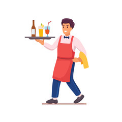 Smiling Waiter Carrying Tray with Drinks and Bottle.