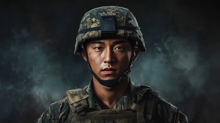 Brave Korean Soldier in Combat Gear Against Smoky Dark Background