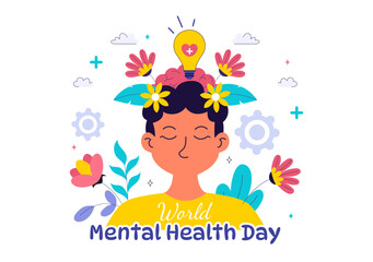 Mental Health Vector Illustration Featuring a Brain and Flowers, Symbolizing Enjoying Life, Solving Mental Problems, and Thinking Positively