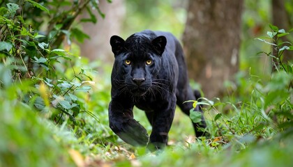 Obraz premium A black panther walks toward the camera in a lush green forest