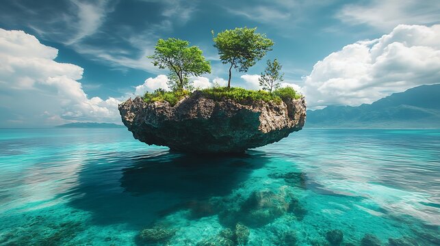 Floating Island with Trees in Turquoise Sea Under a Cloudy Blue Sky Scenery