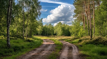 Sun-drenched forest path, dirt road through lush greenery