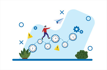 Running man on clock path with paper airplane symbolizing time management