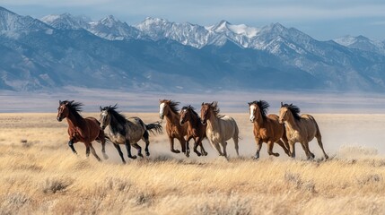 Herd of horses galloping across a golden field with mountains in the background.