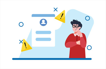 Man Thinking Near Blue Document with Alert Signs in Flat Illustration