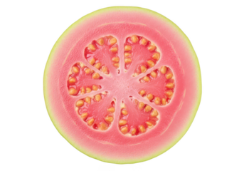 Close up top down view of a halved pink guava with seeds fruit tropical