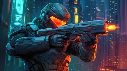 Cyberpunk Soldier in Futuristic Warfare in Neon City