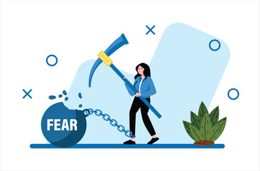 Woman Breaking Fear Chain with Pickaxe Overcoming Obstacles