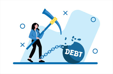 Woman Breaking Debt Ball with Pickaxe Isolated on White Background