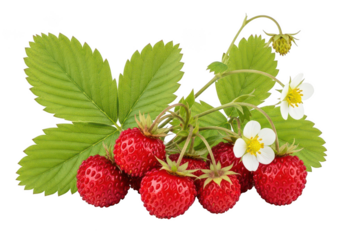 Cluster of ripe wild strawberries with green leaves and white flowers strawberry fruit
