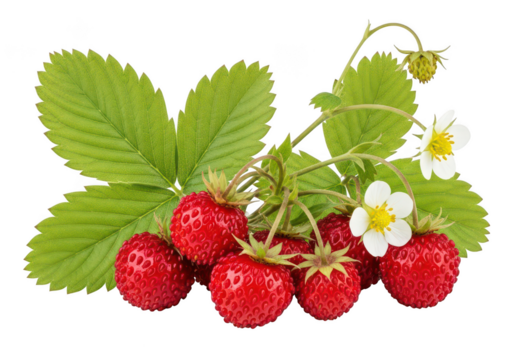 Cluster of ripe wild strawberries with green leaves and white flowers strawberry fruit