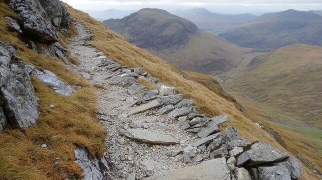 Mountain path winding upwards, rocky steps - Powered by Adobe