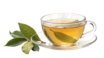 Hot herbal tea in a clear glass cup with fresh green leaves