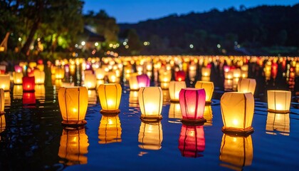 Illuminated floating lanterns at dusk on a lake with peaceful night scene.