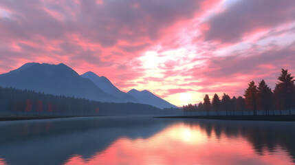 Serene Sunset Over Mountain Range Reflected in Calm Lake Waters