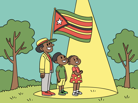 African Family Gazing at the Zimbabwe Flag with Pride in a Park Setting Illustration