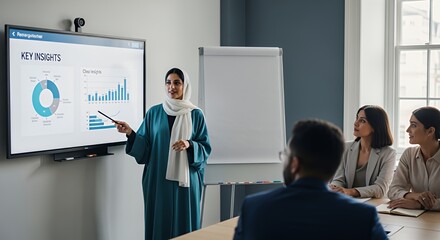 A woman in a teal abaya confidently presents key insights and data visualizations to a diverse group of colleagues during a business meeting.