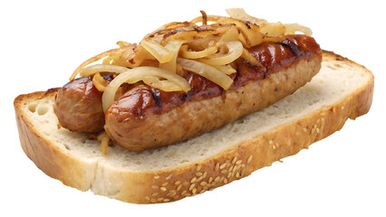 Hearty sausage and caramelized onions on a slice of bread