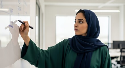 A woman in a hijab thoughtfully writes equations on a whiteboard during a collaborative brainstorming session.
