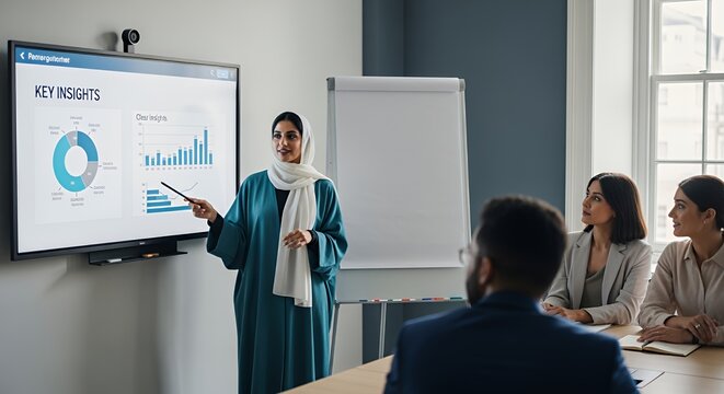 A woman in a teal abaya confidently presents key insights and data visualizations to a diverse group of colleagues during a business meeting.