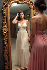 Happy Woman Confident Trying On Dress Looking In Mirror Fashion Choice Concept