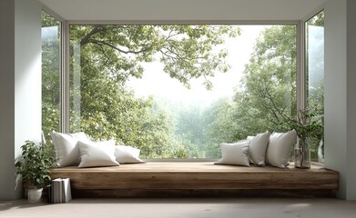 Serene Window Seat Wooden Bench Peaceful Nature View Green Trees Tranquil Relaxation Cozy Home      