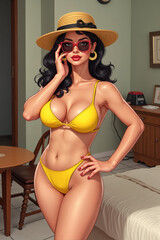 Illustrated Playful Woman Glamorous Posing In Yellow Bikini Against Indoor Room Background Retro Summer Concept