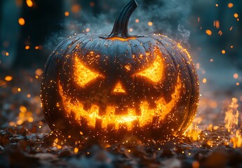 Fototapeta premium Glowing Jack O Lantern with sparks and smoke on forest floor halloween pumpkin