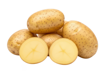 Fresh whole and halved potatoes with yellow flesh and brown speckled skin tuber vegetable