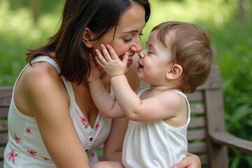 Baby touching mom&rsquo;s nose, outdoor tender connection
