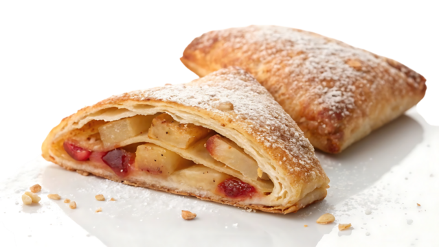 Delicious apple and cranberry strudel dusted with powdered sugar on a white surface