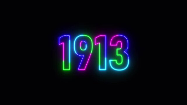 1913 neon line text. Abstract 1913 neon text animation ,For neon color Glowing neon number text background 4k video animation .Digital font against a dark background with neon line looping animation.