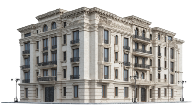Classic European-style building in 3D with stone textures, isolated on a Transparent background, PNG file.
