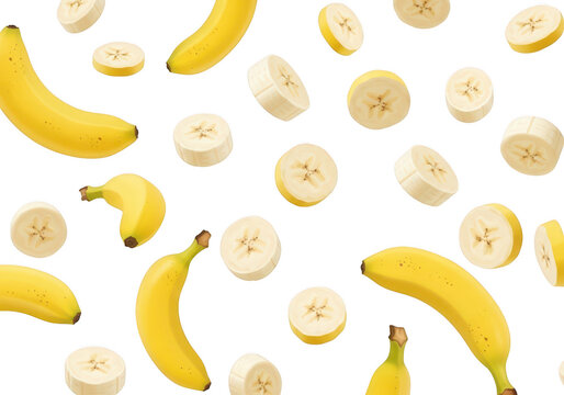 Numerous yellow banana slices and whole bananas scattered on sliced
