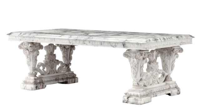 Classic marble dining table with ornate carved legs, background isolated on a Transparent background, PNG file.