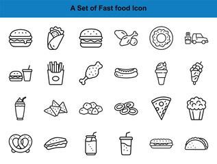Outlined fast food icons show burger, burrito, chicken, doughnut, fries, and pizza