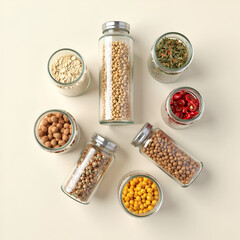 Unlabelled Pantry Jars with Grains and Spices – Top View 3D

