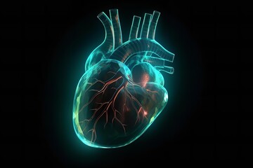 3D Render of Human Heart Anatomy: Medical Illustration for Cardiovascular Health & Science Education, Transparent Glowing Organ on Black Background