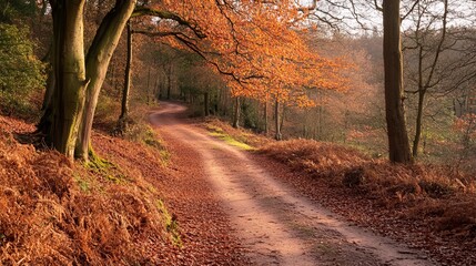 Autumnal forest path winding through trees