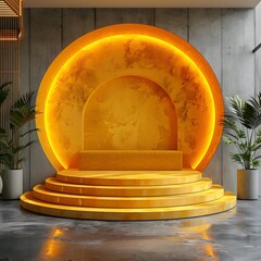 Yellow glossy platform for product branding, Elegant yellow round podium, Yellow circular podium for luxury product showcase, mockup, product mockup