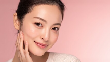 Young Asian woman with minimal makeup natural glow of healthy skin, framed by soft lighting and a pastel pink backdrop pure minimalism.