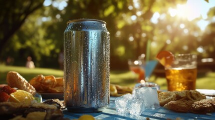Soda Can Mockup Amidst Ice Cube, Snacks and Sunlight Picnic Scene at Park 