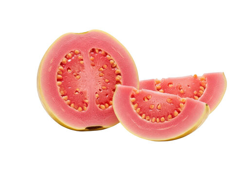 Pink guava half and slices with visible seeds on fruit tropical