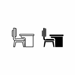 Two desk and chair icons, one in outline style and the other filled in black.