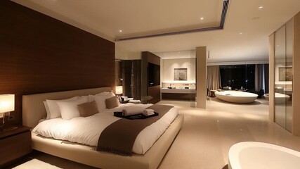 Modern luxurious hotel room with serene ambiance