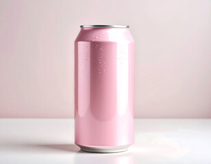 Pink Beverage Can Mockup with Condensation on Light Background